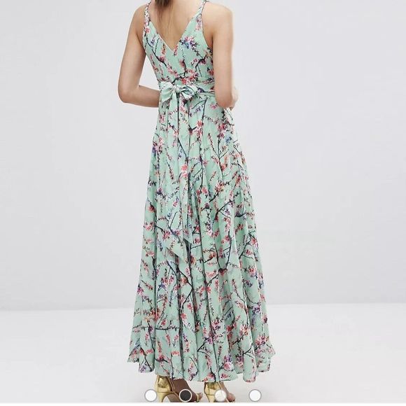 Darling London Size 8 Green Pink  Maxi Dress Sleeveless Floral Tie Back Lined - Picture 2 of 16
